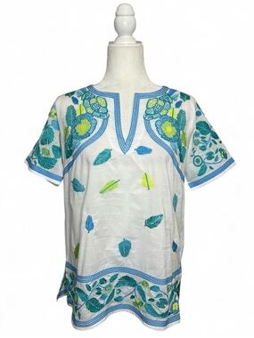 Gretchen Scott blue/green embroidered floral tunic top, 100% cotton
